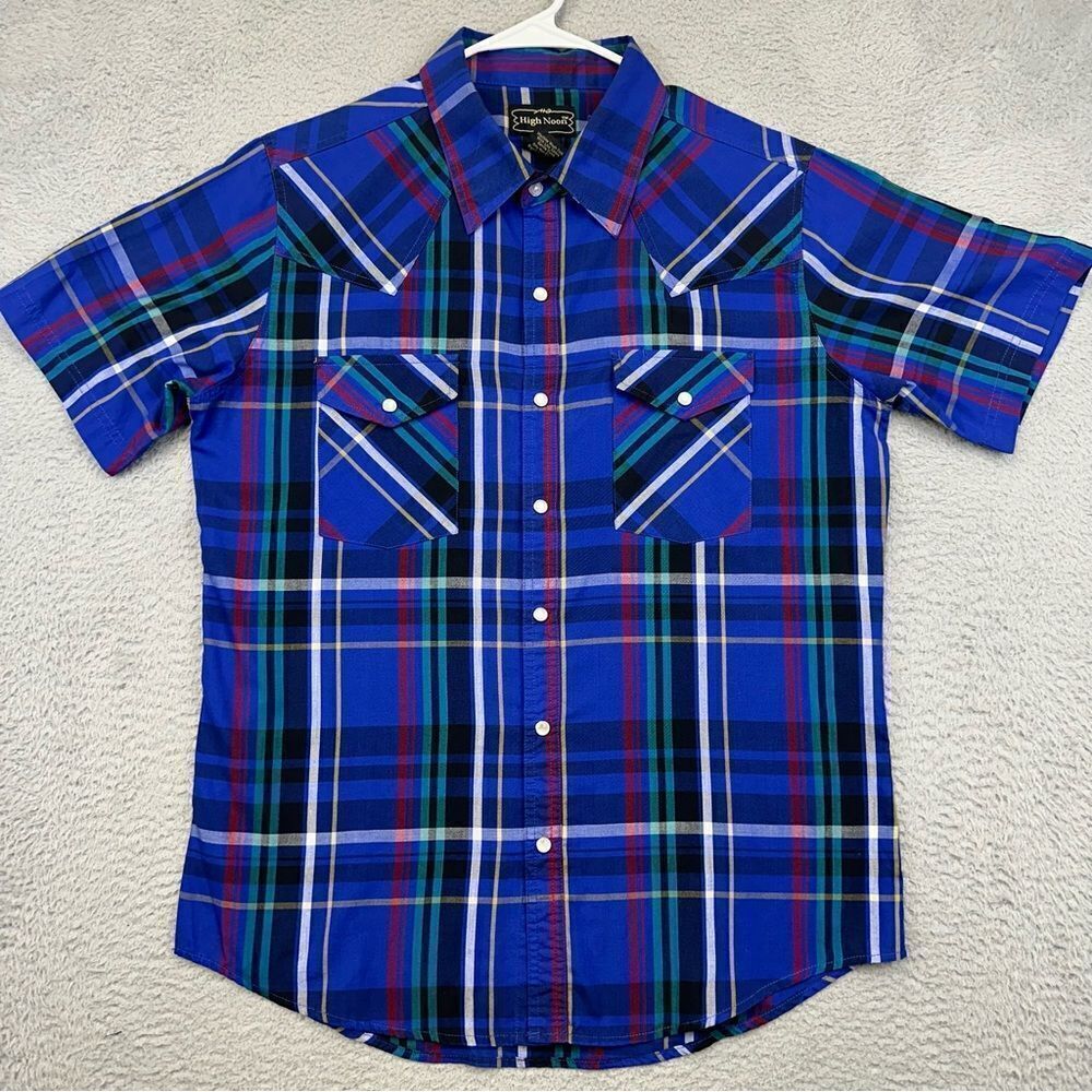 High Noon Pearl Snap Shirt Mens Medium Blue Plaid Western‎ Cowboy Farmer Ranch